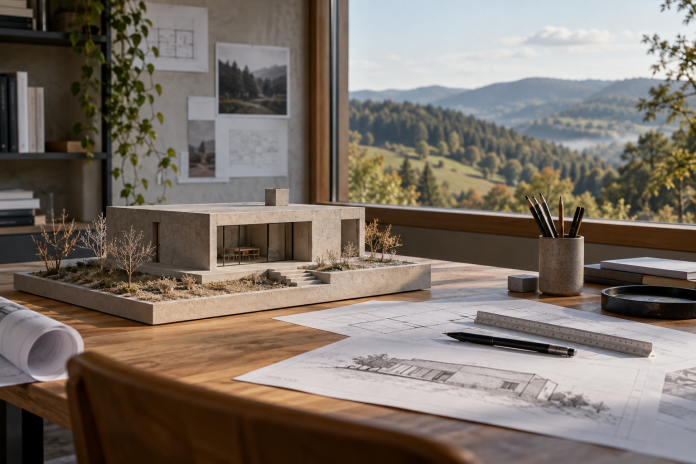 Architektonický model betónového domu na stole s výkresmi