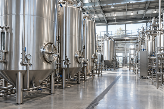 Nerezové fermentačné nádrže v modernej biotechnologickej hale