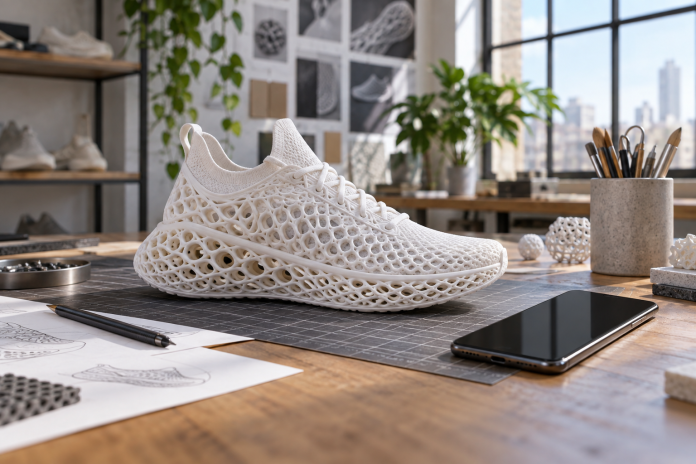Detail futuristickej topánky vyrobenej 3D tlačou