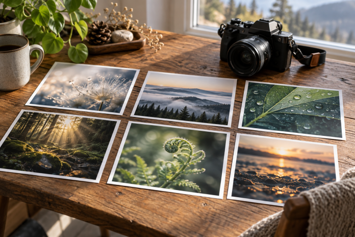 Vytlačené fotografie a fotoaparát na stole