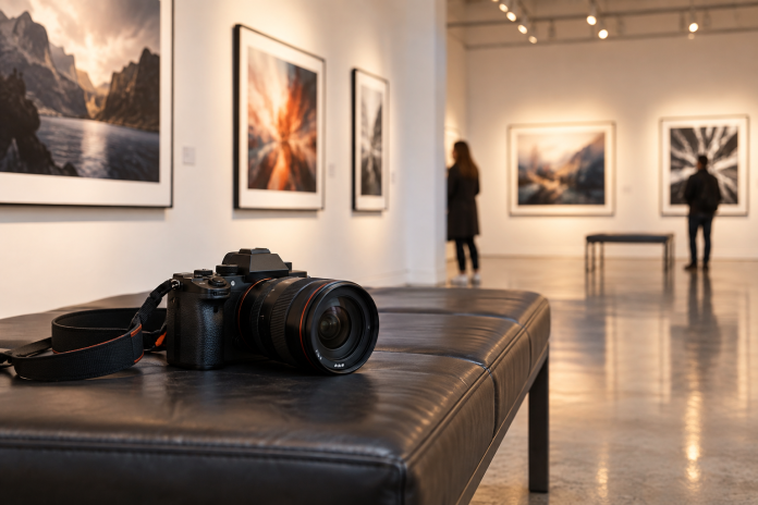 Fotoaparát na lavičke vo fotografickej galérii