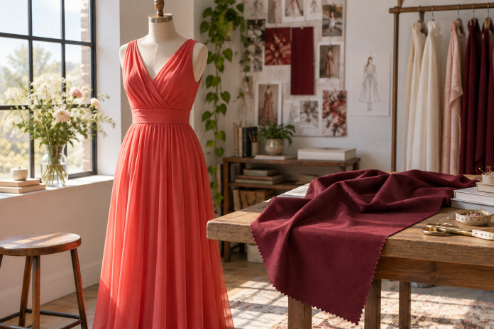 Koralové elegantné šaty s mašľou v páse na figuríne