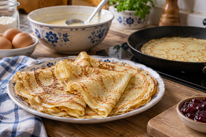 Tenké palacinky pri panvici a miske cesta