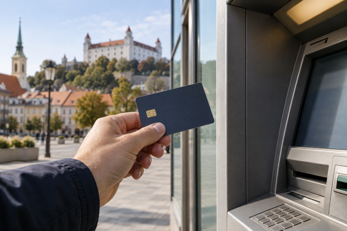 Ruka s bankovou kartou pri bankomate v meste