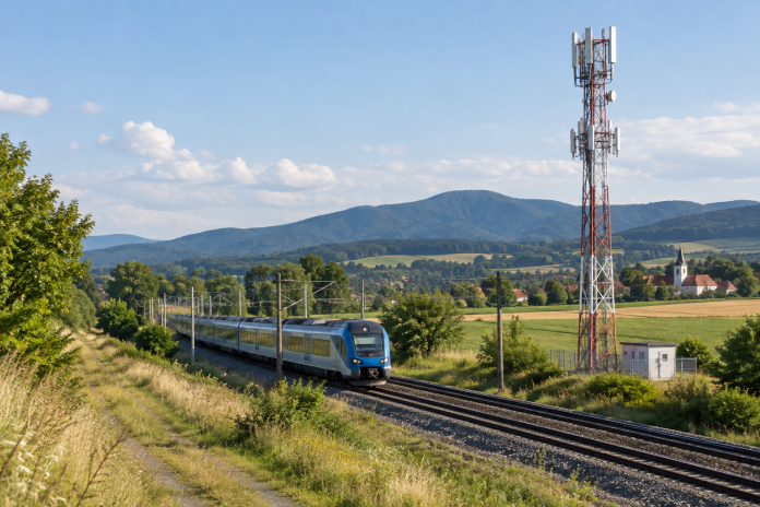 Mobilný vysielač pri železnici a obci