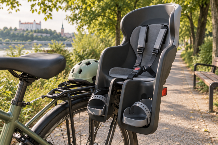 Detská cyklosedačka s pásmi a prilbou na bicykli v parku