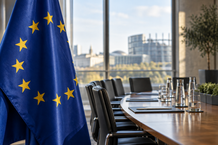 Vlajka Európskej únie pri rokovacom stole