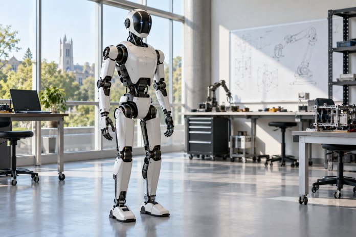 Humanoidný robot v svetlom technologickom laboratóriu