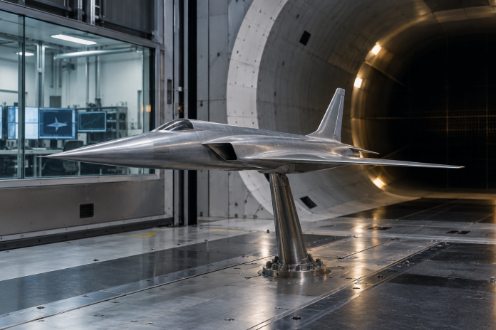 Model rýchleho lietadla v skúšobnom aerodynamickom tuneli
