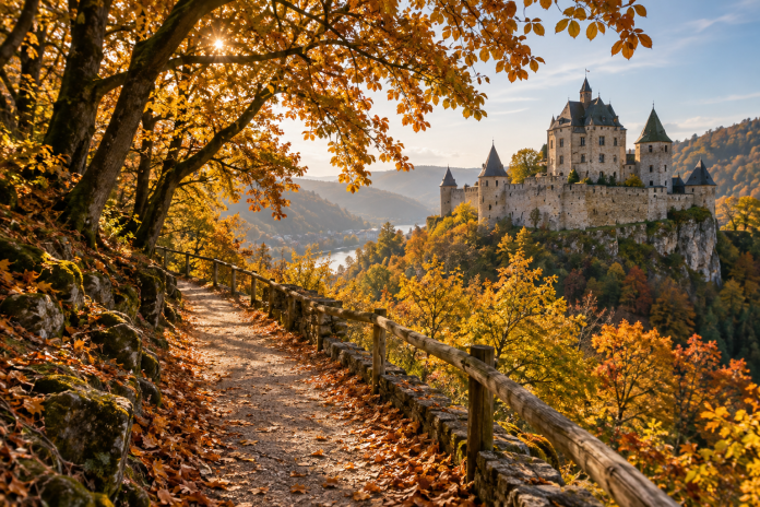 Jesenná cesta s výhľadom na historický hrad
