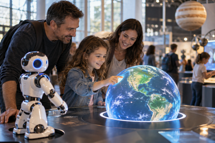 Rodina pri robotickom exponáte a svetelnom glóbuse v centre vedy
