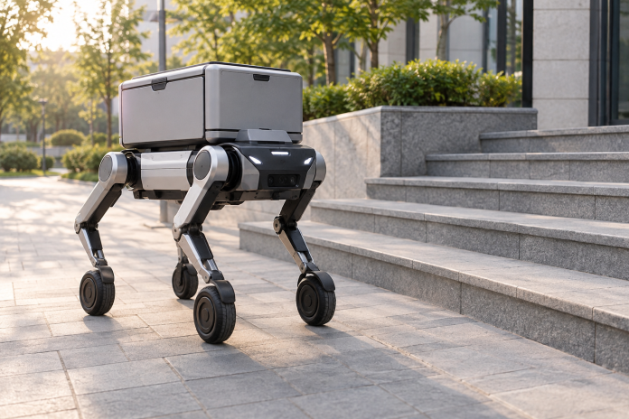 Generický štvornohý doručovací robot s kolesami pri schodisku