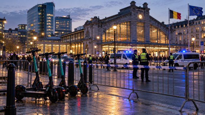 Elektrické kolobežky za policajnou zábranou pri stanici v Bruseli