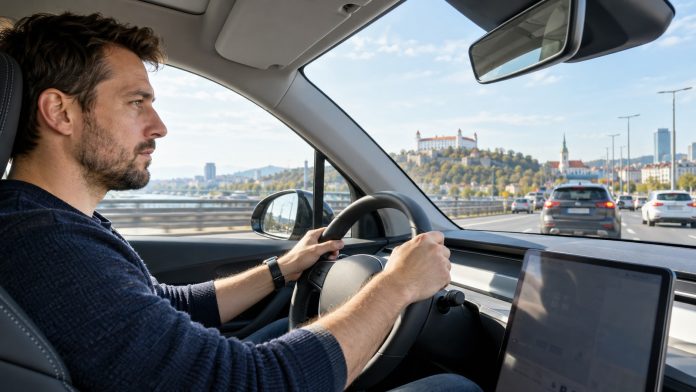 Vodič sleduje premávku počas jazdy moderným elektromobilom v Bratislave