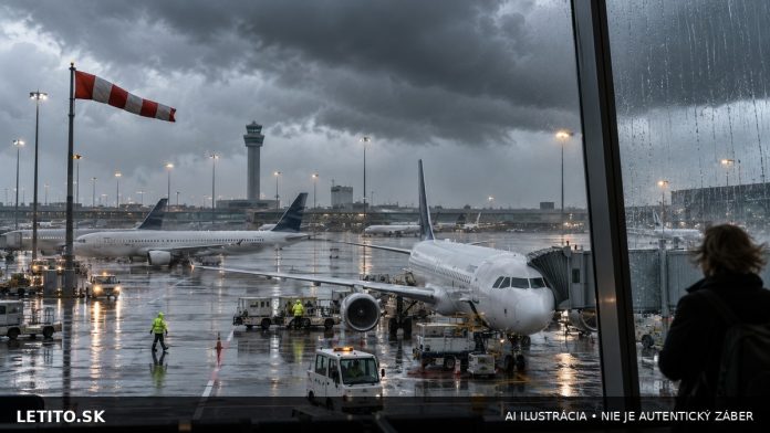Lietadlo na letisku Schiphol počas silného vetra a dažďa