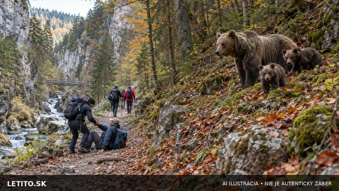 Turisti v horskej doline pri strete s medvedicou a mláďatami