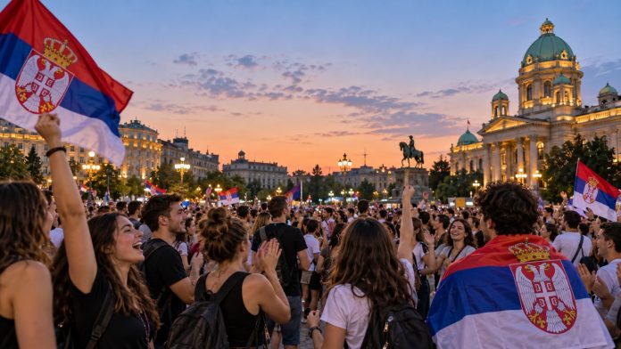 Mladí ľudia oslavujú volebné víťazstvo v uliciach Belehradu so srbskými vlajkami