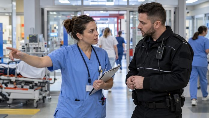 Zdravotníčka a pracovník ochrany na nemocničnom urgente