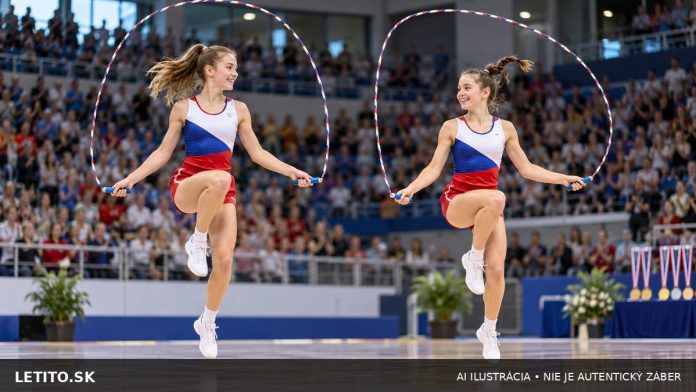 Dve mladé české športovkyne počas synchronizovanej rope skipping zostavy