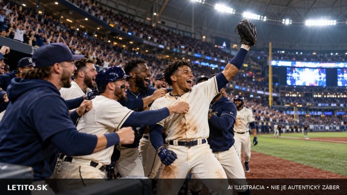 Bejzbalisti Milwaukee oslavujú víťazstvo pri striedačke počas World Series