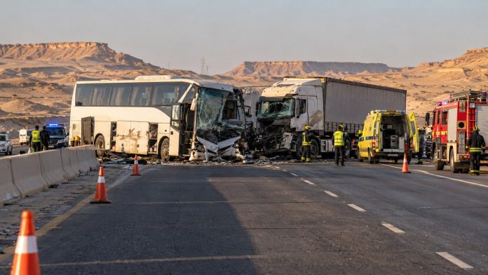 Poškodený turistický autobus a kamión na egyptskej diaľnici so záchranármi