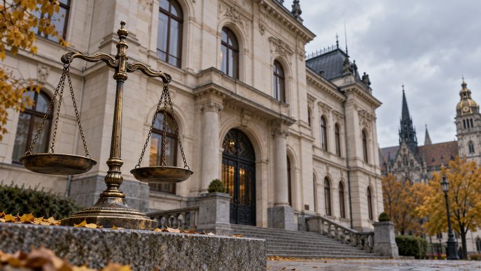 Symbolické váhy spravodlivosti pred budovou súdu