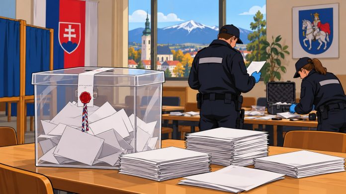 Ilustračná volebná urna a policajné vyšetrovanie podozrenia z volebnej korupcie